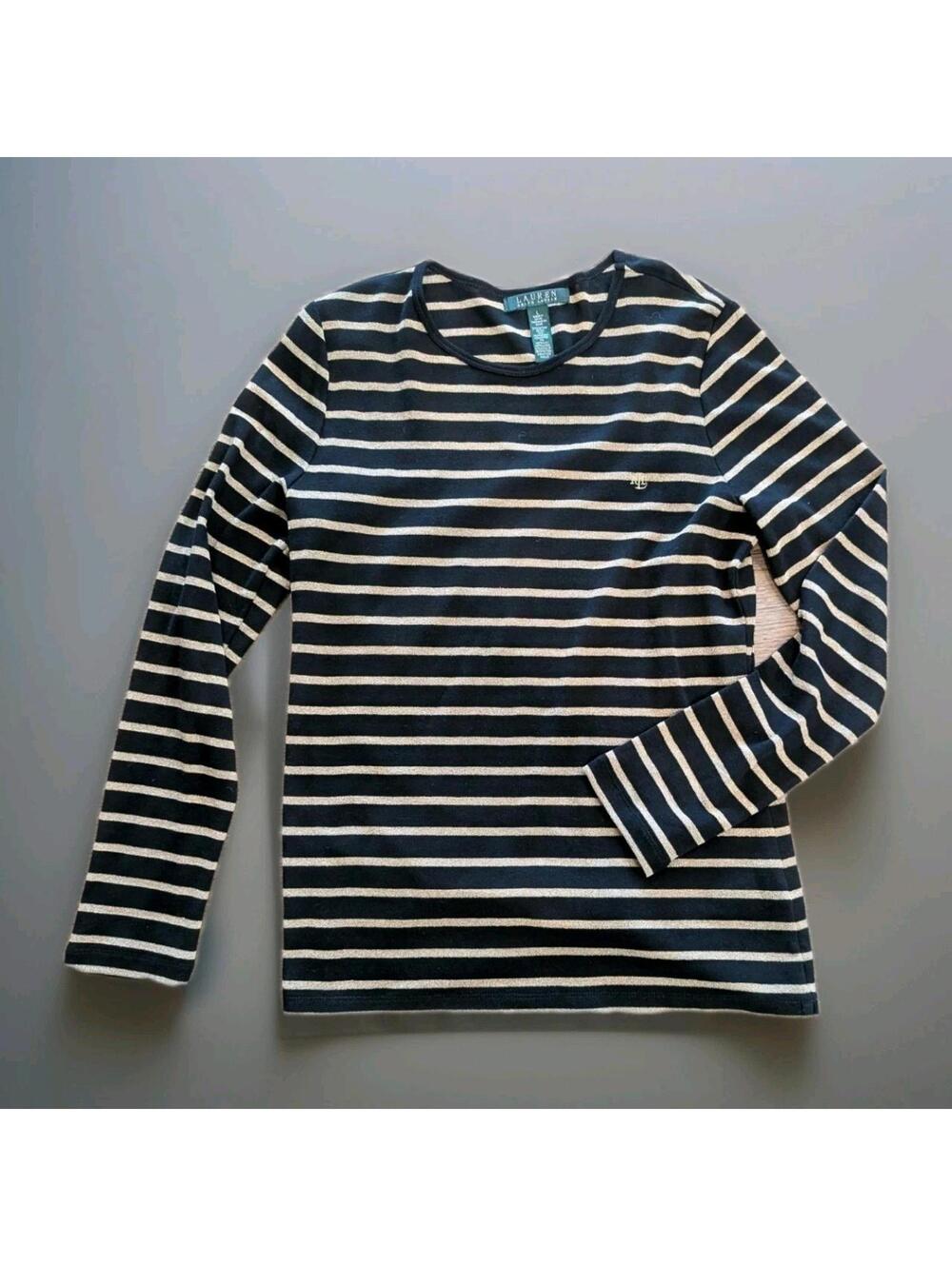 Lauren Ralph Lauren Green Label Top Size Large Black & Gold Metallic Striped